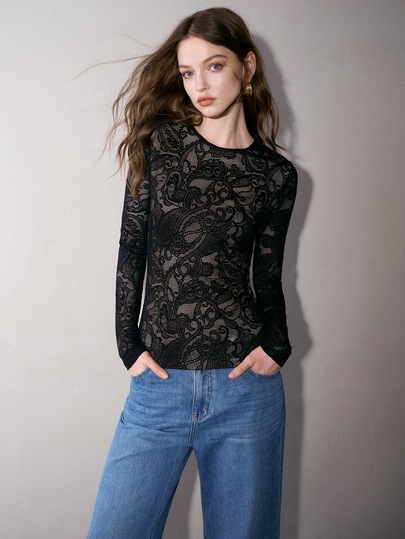 MOTF PREMIUM Top de encaje de manga larga estilo francés sexy para mujer con diseño calado para Halloween, noche de fiesta y cita, negro y beige, otoño
