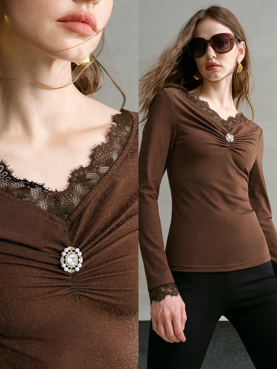 MOTF LONG SLEEVE CONTRAST LACE V-NECK STRETCH TOP