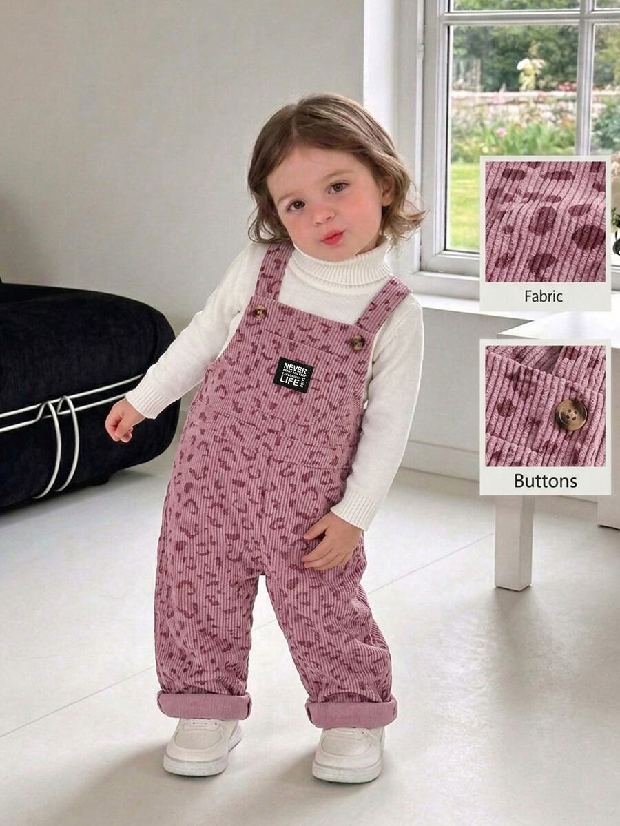 SHEIN Vintaside Kids 女嬰春/秋季粉色豹紋無袖寬腿吊帶褲 寬鬆直筒版型 可愛休閒 拍照用 親子套裝