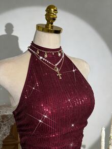 Franclia 酒红色亮片露背弹力性感无袖修身连衣裙/约会/派对/夜店/街头/万圣节/情人节/优雅连衣裙/圣诞节连衣裙/生日连衣裙/夜店/派对连衣裙/新年假期/春季/夏季/秋季/冬季新款短裙 - 酒紅色 - 查看 3