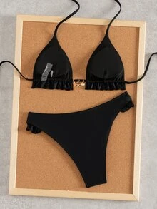 SHEIN Swim 女款夏季新款海灘度假休閒甜美紋理拼接條紋面料可愛花朵飾邊搭配精緻金屬海星與貝殼吊墜性感露背繫帶比基尼兩件式泳衣套裝 - 黑色 - 查看 2