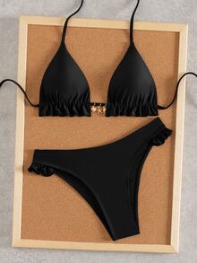 SHEIN Swim 女款夏季新款海灘度假休閒甜美紋理拼接條紋面料可愛花朵飾邊搭配精緻金屬海星與貝殼吊墜性感露背繫帶比基尼兩件式泳衣套裝 - 黑色 - 查看 4
