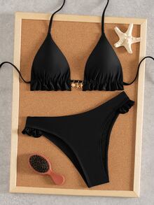 SHEIN Swim 女款夏季新款海灘度假休閒甜美紋理拼接條紋面料可愛花朵飾邊搭配精緻金屬海星與貝殼吊墜性感露背繫帶比基尼兩件式泳衣套裝 - 黑色 - 查看 3
