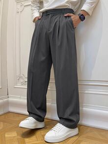 SWAVVY Men's Solid Color Pleated Wide Leg Loose Casual Long Pants - Dark Grey - View 6