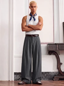 SWAVVY Men's Solid Color Pleated Wide Leg Loose Casual Long Pants - Dark Grey - View 3