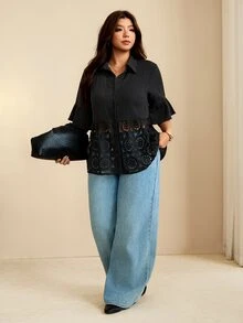 Edennvi Plus Size Women's Summer Autumn Casual Black Patchwork Hollow Lace Lapel Ruffle Short Sleeve Blouse Office Club - Black - View 8
