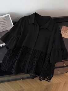 Edennvi Plus Size Women's Summer Autumn Casual Black Patchwork Hollow Lace Lapel Ruffle Short Sleeve Blouse Office Club - Black - View 1