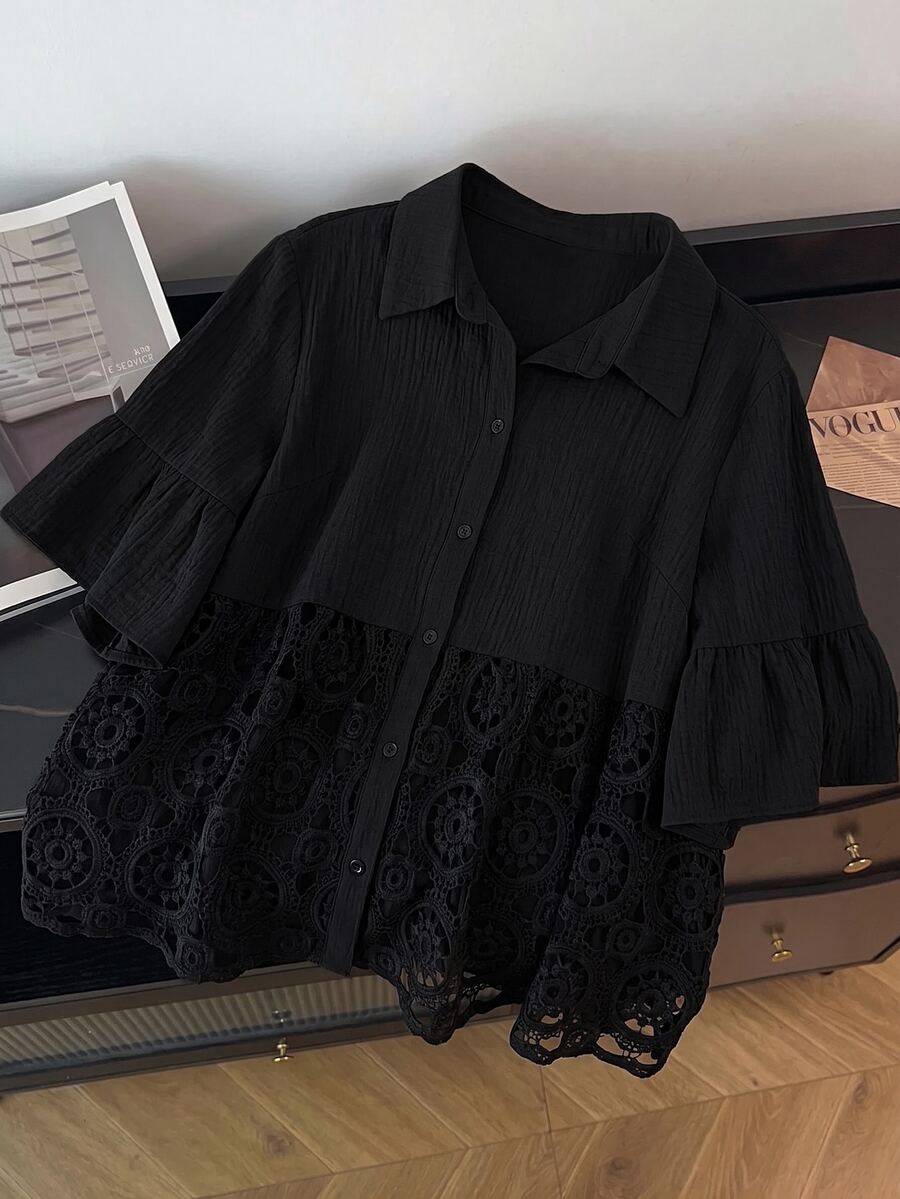 Edennvi Plus Size Women's Summer Autumn Casual Black Patchwork Hollow Lace Lapel Ruffle Short Sleeve Blouse Office Club - Black - View 1
