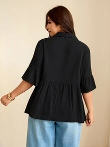 Edennvi Plus Size Women's Summer Autumn Casual Black Patchwork Hollow Lace Lapel Ruffle Short Sleeve Blouse Office Club - Black - View 2