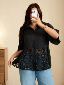 Edennvi Plus Size Women's Summer Autumn Casual Black Patchwork Hollow Lace Lapel Ruffle Short Sleeve Blouse Office Club - Black - View 3