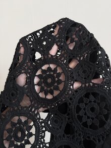 Edennvi Plus Size Women's Summer Autumn Casual Black Patchwork Hollow Lace Lapel Ruffle Short Sleeve Blouse Office Club - Black - View 9
