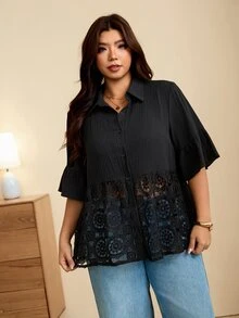 Edennvi Plus Size Women's Summer Autumn Casual Black Patchwork Hollow Lace Lapel Ruffle Short Sleeve Blouse Office Club - Black - View 5