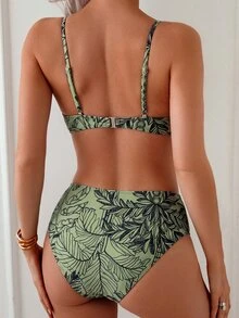 SHEIN Swim Springbreak 2件組女款夏季海灘隨機印花聚攏鋼圈復古比基尼套裝 - 橄欖綠 - 查看 2