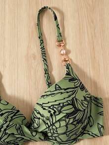 SHEIN Swim Springbreak 2件組女款夏季海灘隨機印花聚攏鋼圈復古比基尼套裝 - 橄欖綠 - 查看 3