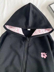 青少年女孩 3件組花卉印花拉鍊連帽衛衣 - 黑色 - 查看 3