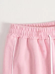 SHEIN Tween女孩休閒收腰黑色印花寬鬆運動長褲，返校穿搭，百搭日常百搭款 - 粉色 - 查看 2