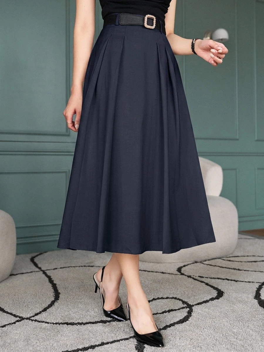 DAZY Women's Solid Color Pleated A-Line Skirt Fall - Navy Blue - View 1