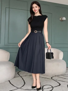 DAZY Women's Solid Color Pleated A-Line Skirt Fall - Navy Blue - View 2