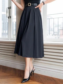DAZY Women's Solid Color Pleated A-Line Skirt Fall - Navy Blue - View 4