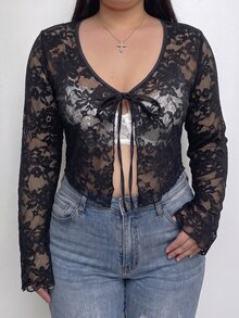 GalTyme Women's Plus Size Floral Flocked Pattern Top - Black - View 8
