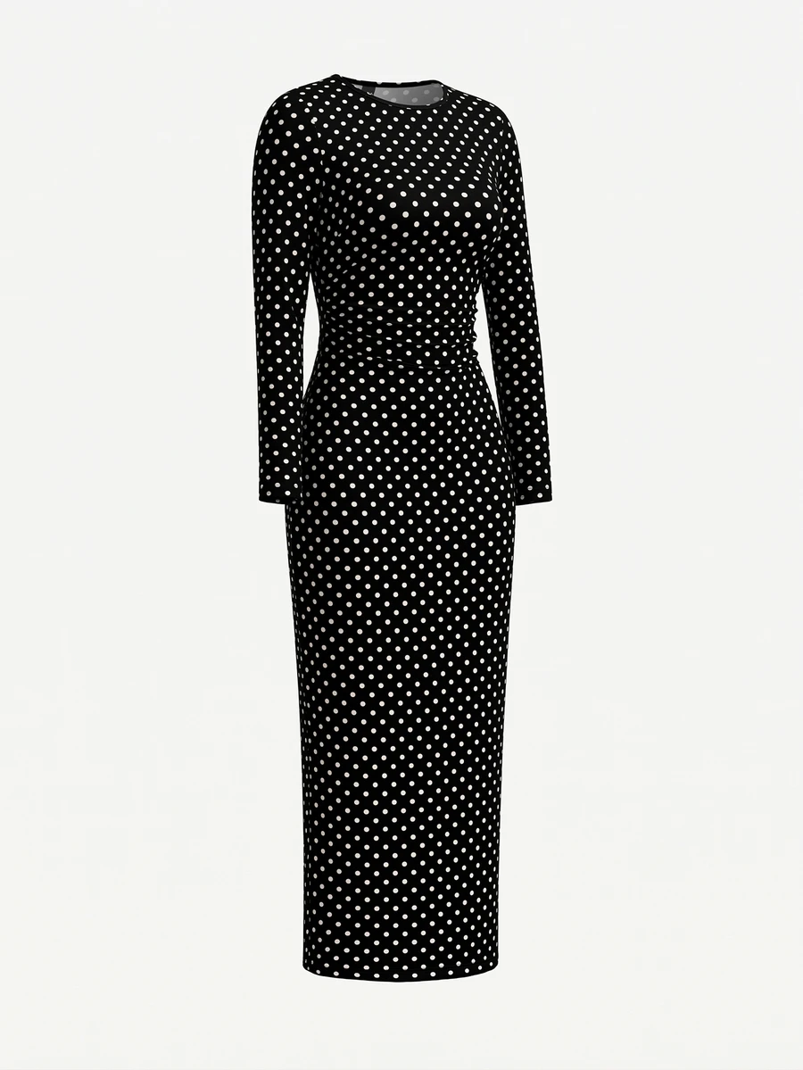 GalTyme Plus Size Elegant Commuter Polka Dot Print Dress Fall - Black and White - View 1