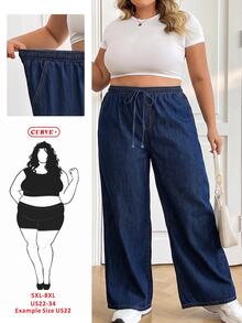 SHEIN CURVE+ 大尺碼女款寬鬆休閒簡約牛仔褲，附腰部繫帶，適合約會與早午餐，海軍藍，秋冬款 - 藍色 - 查看 1