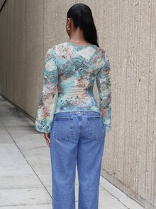 Steph T Blus Wanita Gaya Western Boho Musim Gugur Warna Teal Motif Seluruh Permukaan Leher V Berkerut Elegan untuk Liburan - MultiWarna - View 2