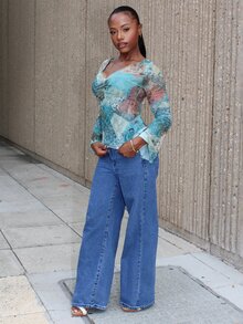 Steph T Blus Wanita Gaya Western Boho Musim Gugur Warna Teal Motif Seluruh Permukaan Leher V Berkerut Elegan untuk Liburan - MultiWarna - View 5
