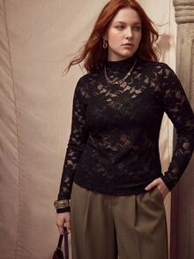 MOTF PREMIUM PLUS SIZE LACE STAND COLLAR LONG SLEEVE SLIM FIT T-SHIRT - Black - View 5