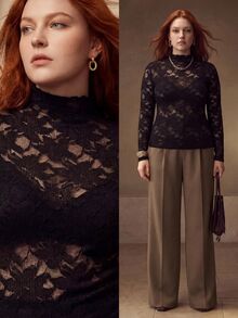 MOTF PREMIUM PLUS SIZE LACE STAND COLLAR LONG SLEEVE SLIM FIT T-SHIRT - Black - View 1