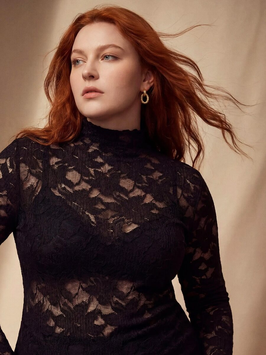 MOTF PREMIUM PLUS SIZE LACE STAND COLLAR LONG SLEEVE SLIM FIT T-SHIRT - Black - View 2