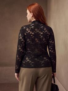 MOTF PREMIUM PLUS SIZE LACE STAND COLLAR LONG SLEEVE SLIM FIT T-SHIRT - Black - View 3