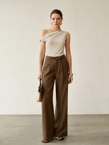 MOTF PREMIUM SPRING/SUMMER ELEGANT SATIN SLEEVELESS TOP, METAL BUCKLE SHOULDER DESIGN, SLIM FIT, WHITE - Beige - View 6