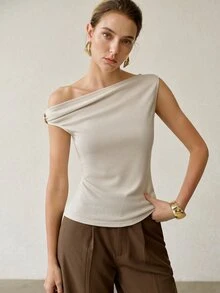 MOTF PREMIUM SPRING/SUMMER ELEGANT SATIN SLEEVELESS TOP, METAL BUCKLE SHOULDER DESIGN, SLIM FIT, WHITE - Beige - View 5