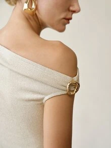 MOTF PREMIUM SPRING/SUMMER ELEGANT SATIN SLEEVELESS TOP, METAL BUCKLE SHOULDER DESIGN, SLIM FIT, WHITE - Beige - View 3
