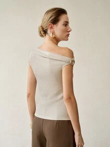 MOTF PREMIUM SPRING/SUMMER ELEGANT SATIN SLEEVELESS TOP, METAL BUCKLE SHOULDER DESIGN, SLIM FIT, WHITE - Beige - View 4