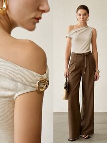 MOTF PREMIUM SPRING/SUMMER ELEGANT SATIN SLEEVELESS TOP, METAL BUCKLE SHOULDER DESIGN, SLIM FIT, WHITE - Beige - View 8