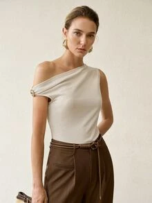 MOTF PREMIUM SPRING/SUMMER ELEGANT SATIN SLEEVELESS TOP, METAL BUCKLE SHOULDER DESIGN, SLIM FIT, WHITE - Beige - View 7