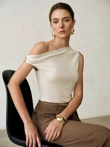 MOTF PREMIUM SPRING/SUMMER ELEGANT SATIN SLEEVELESS TOP, METAL BUCKLE SHOULDER DESIGN, SLIM FIT, WHITE - Beige - View 2