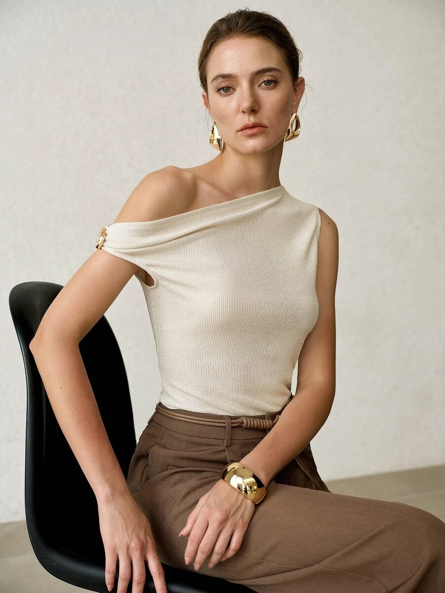 MOTF PREMIUM SPRING/SUMMER ELEGANT SATIN SLEEVELESS TOP, METAL BUCKLE SHOULDER DESIGN, SLIM FIT, WHITE