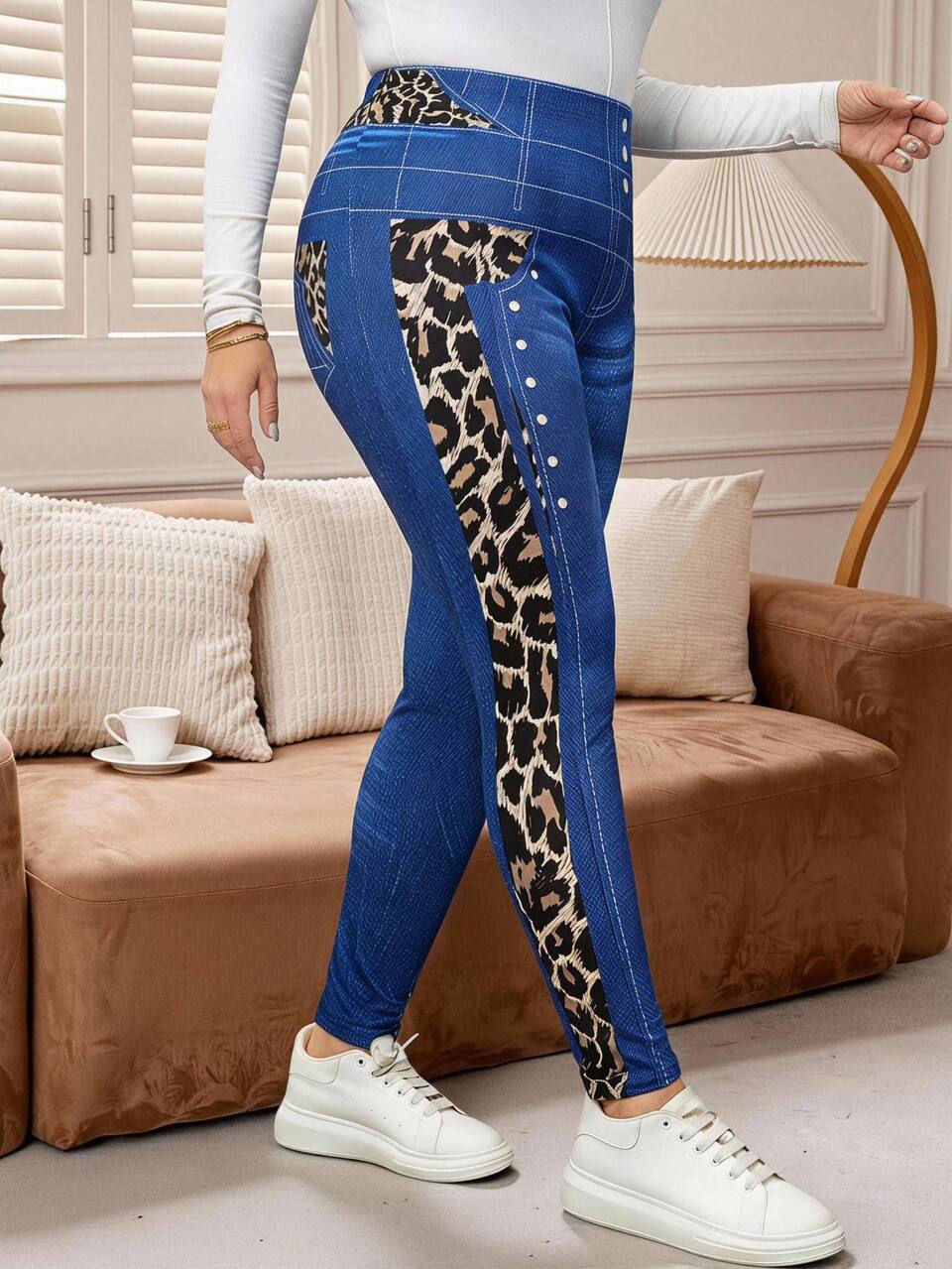 Plus Size Women's Denim Effect Leopard Print Patchwork High Waist Stretchy Skinny Ankle Length Leggings Casual Daily Fall Fashion 2026
