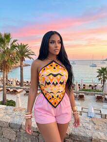 Slaydiva Women's Backless Halter Top And Shorts Two Pieces Set, Vacation Beach Holiday Orange Light Pink Summer Sexy Breezy - Multicolor - View 12