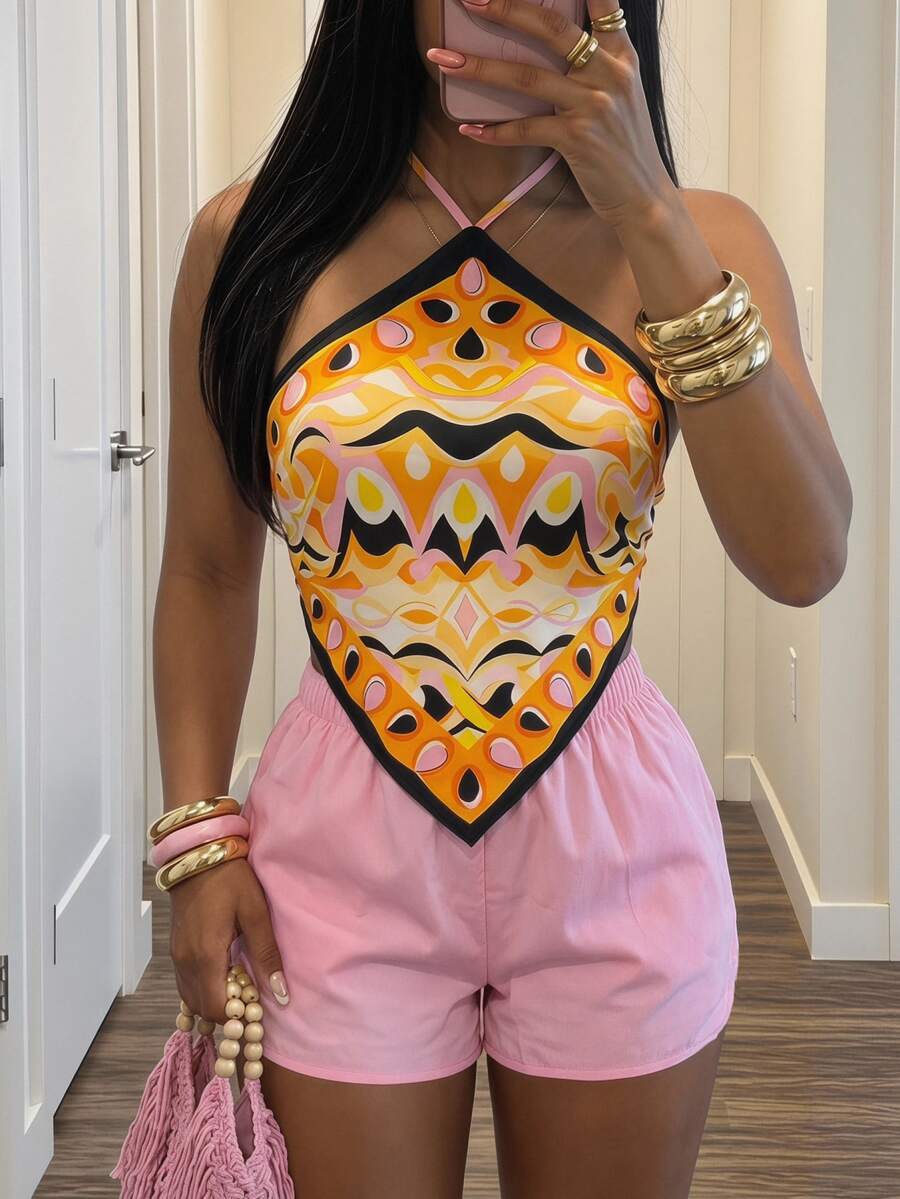 Slaydiva Women's Backless Halter Top And Shorts Two Pieces Set, Vacation Beach Holiday Orange Light Pink Summer Sexy Breezy