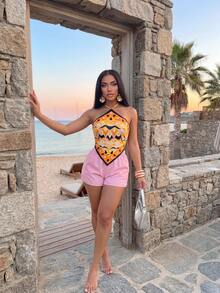 Slaydiva Women's Backless Halter Top And Shorts Two Pieces Set, Vacation Beach Holiday Orange Light Pink Summer Sexy Breezy - Multicolor - View 13