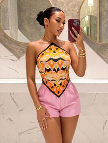 Slaydiva Women's Backless Halter Top And Shorts Two Pieces Set, Vacation Beach Holiday Orange Light Pink Summer Sexy Breezy - Multicolor - View 3