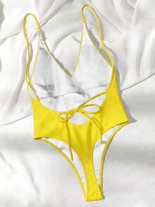 Oceva Solid Color Spaghetti Strap One Piece Swimsuit - Yellow - View 4