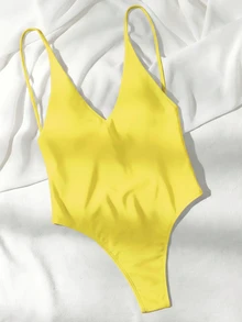 Oceva Solid Color Spaghetti Strap One Piece Swimsuit - Yellow - View 3