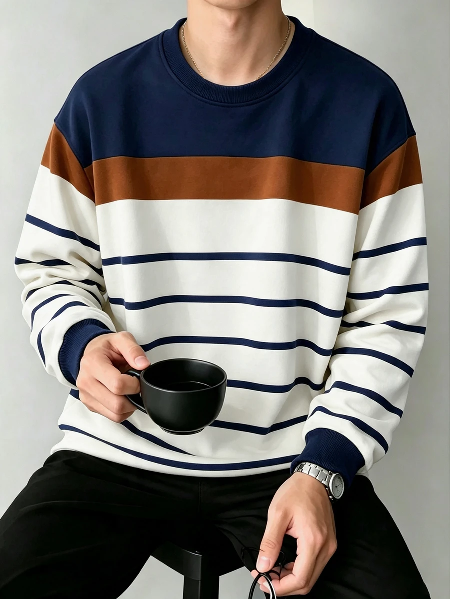 Manfinity Dauomo Men's Crew Neck Colorblock Casual Versatile Daily Wear Long Sleeve Sweatshirt - Multicolor - View 1