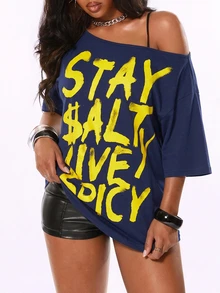 ROMWE Women T-Shirts - Navy Blue - View 1