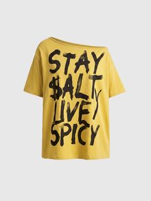 ROMWE Letter Graphic Asymmetrical Neck Tee - Yellow - View 5